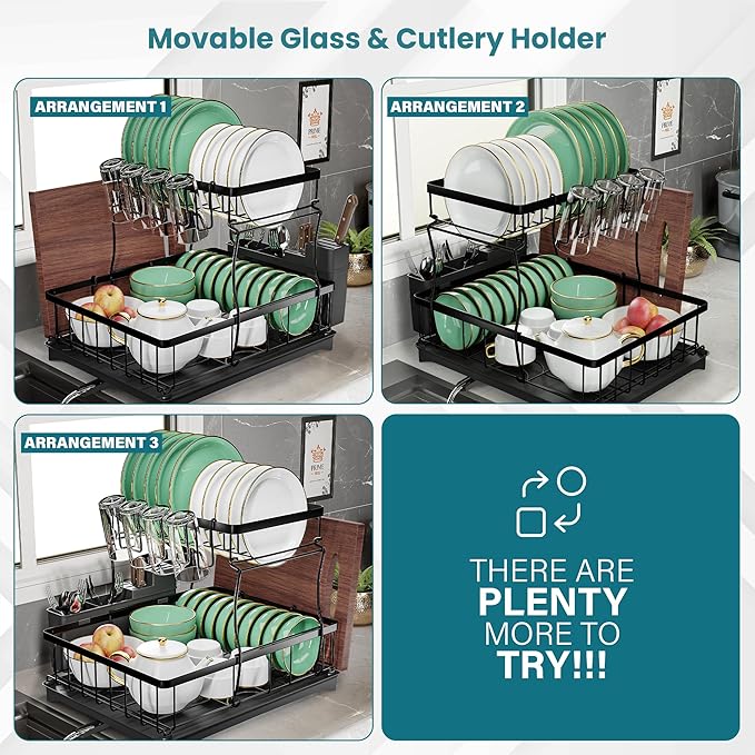 2 Tier Dish Drainer Rack with Drainage Spout,Detachable Dish Drainer Rack,Draining Board Rack with Utensil Holder - Image 3