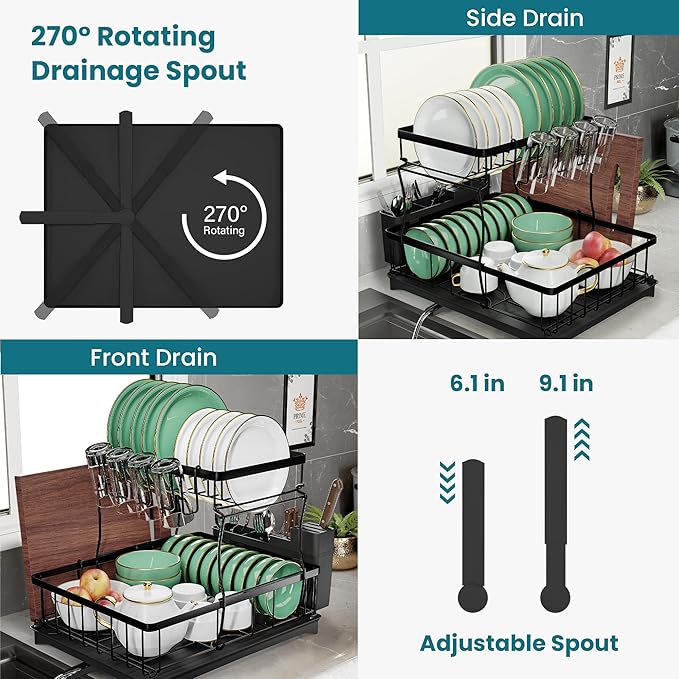 2 Tier Dish Drainer Rack with Drainage Spout,Detachable Dish Drainer Rack,Draining Board Rack with Utensil Holder - Image 5