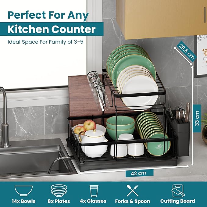 2 Tier Dish Drainer Rack with Drainage Spout,Detachable Dish Drainer Rack,Draining Board Rack with Utensil Holder - Image 6