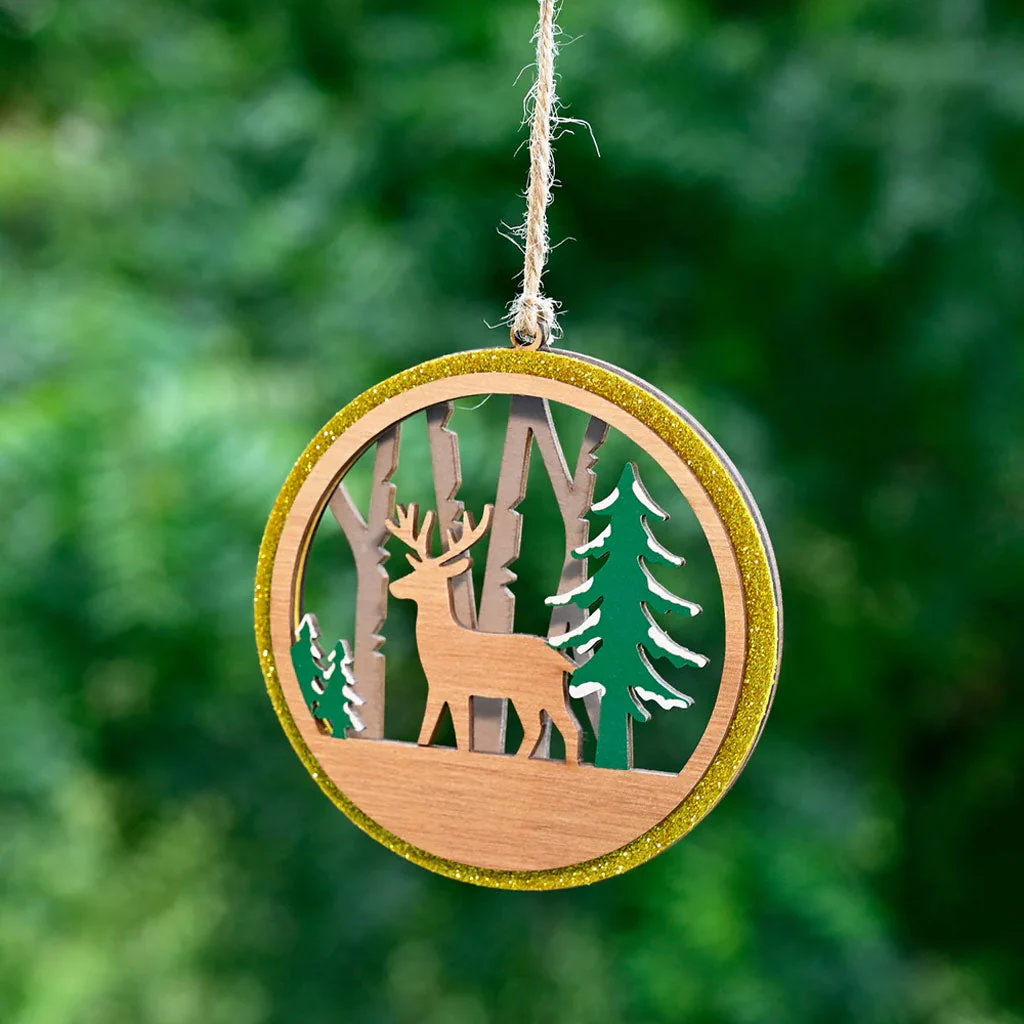 3-Layer Wooden Christmas Ornament – Reindeer & Trees Scene - Image 3
