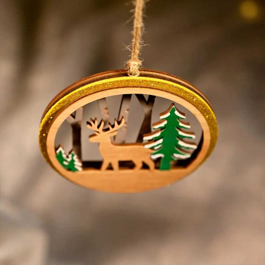 3-Layer Wooden Christmas Ornament – Reindeer & Trees Scene - Image 5