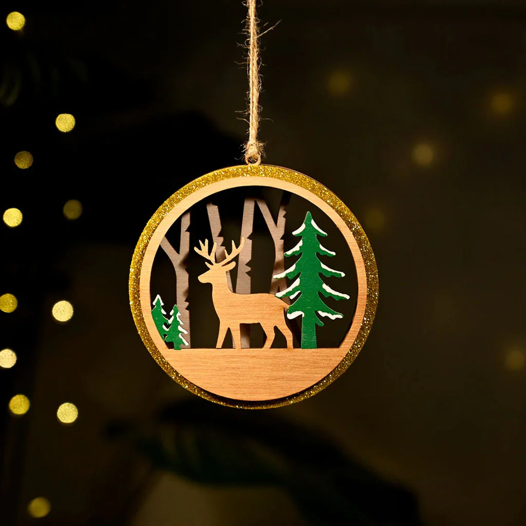 3-Layer Wooden Christmas Ornament – Reindeer & Trees Scene - Image 6