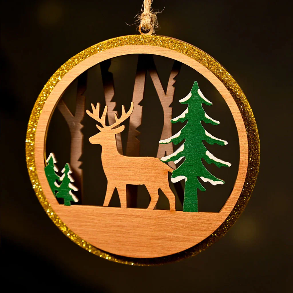 3-Layer Wooden Christmas Ornament – Reindeer & Trees Scene - Image 8