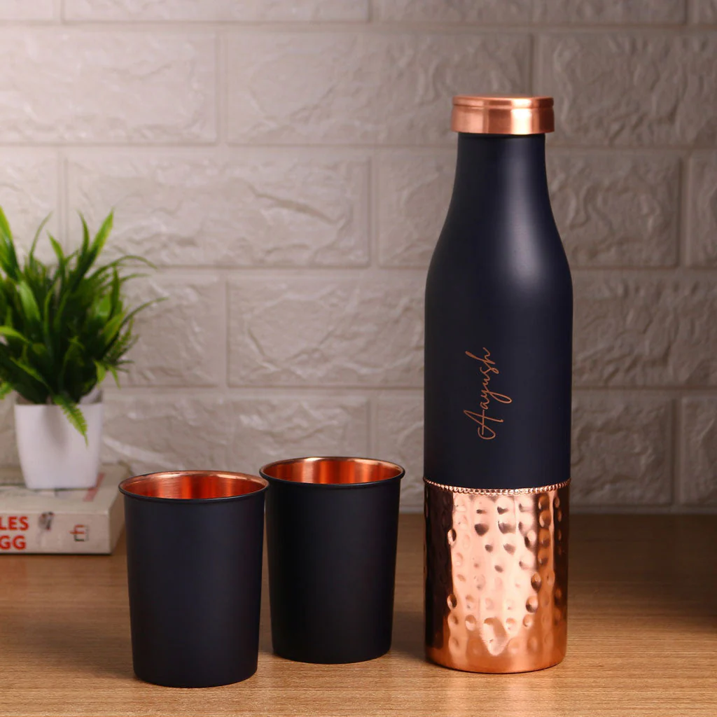 Blue Copper Bottle With Glass- Set of 2