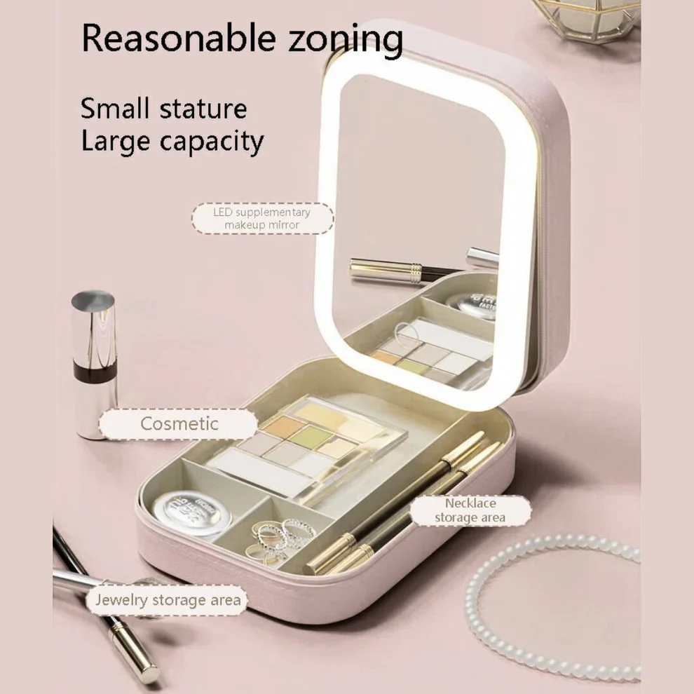 LED Lighted Makeup Mirror Jewelry Box – Portable 2-in-1 Travel Organizer with Adjustable Lighting, Cosmetic Storage & Rechargeable Battery – Compact Vanity Mirror for Women - Image 3