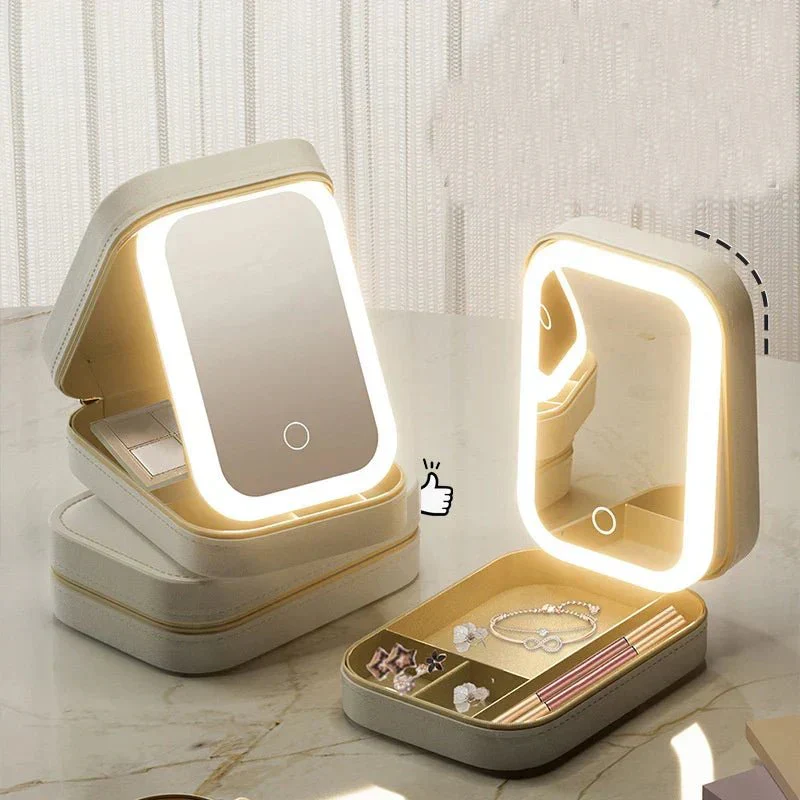 LED Lighted Makeup Mirror Jewelry Box – Portable 2-in-1 Travel Organizer with Adjustable Lighting, Cosmetic Storage & Rechargeable Battery – Compact Vanity Mirror for Women - Image 5