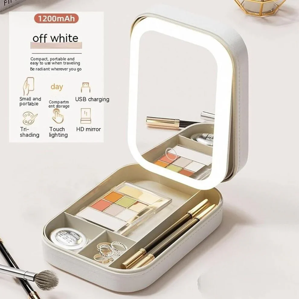 LED Lighted Makeup Mirror Jewelry Box – Portable 2-in-1 Travel Organizer with Adjustable Lighting, Cosmetic Storage & Rechargeable Battery – Compact Vanity Mirror for Women - Image 7