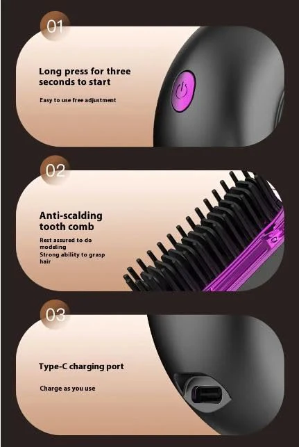 Mini Wireless Hair Straight Comb, Portable Cordless Hair Straightening Brush for Women, Fast Heating Ceramic Coated Hairs Comb, Rechargeable - Image 3