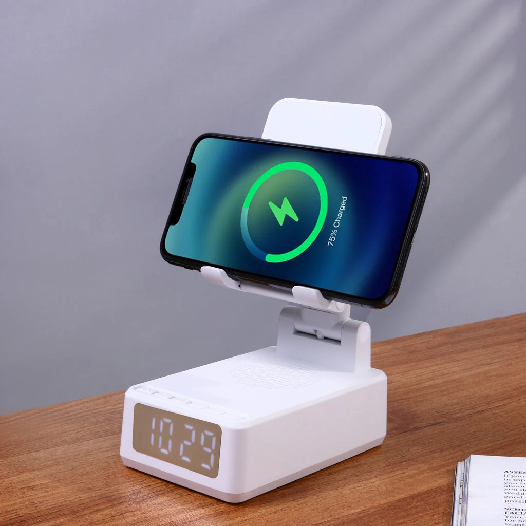 4 in 1 Speaker & Wireless Charger with Clock & Phone Holder - Image 3