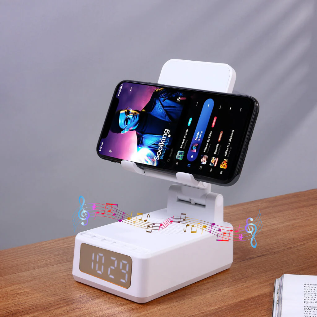 4 in 1 Speaker & Wireless Charger with Clock & Phone Holder - Image 6